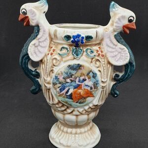 Majolica Japanese Style Vntg Ceramic Renaissance Theme Two Bird Handled Vase